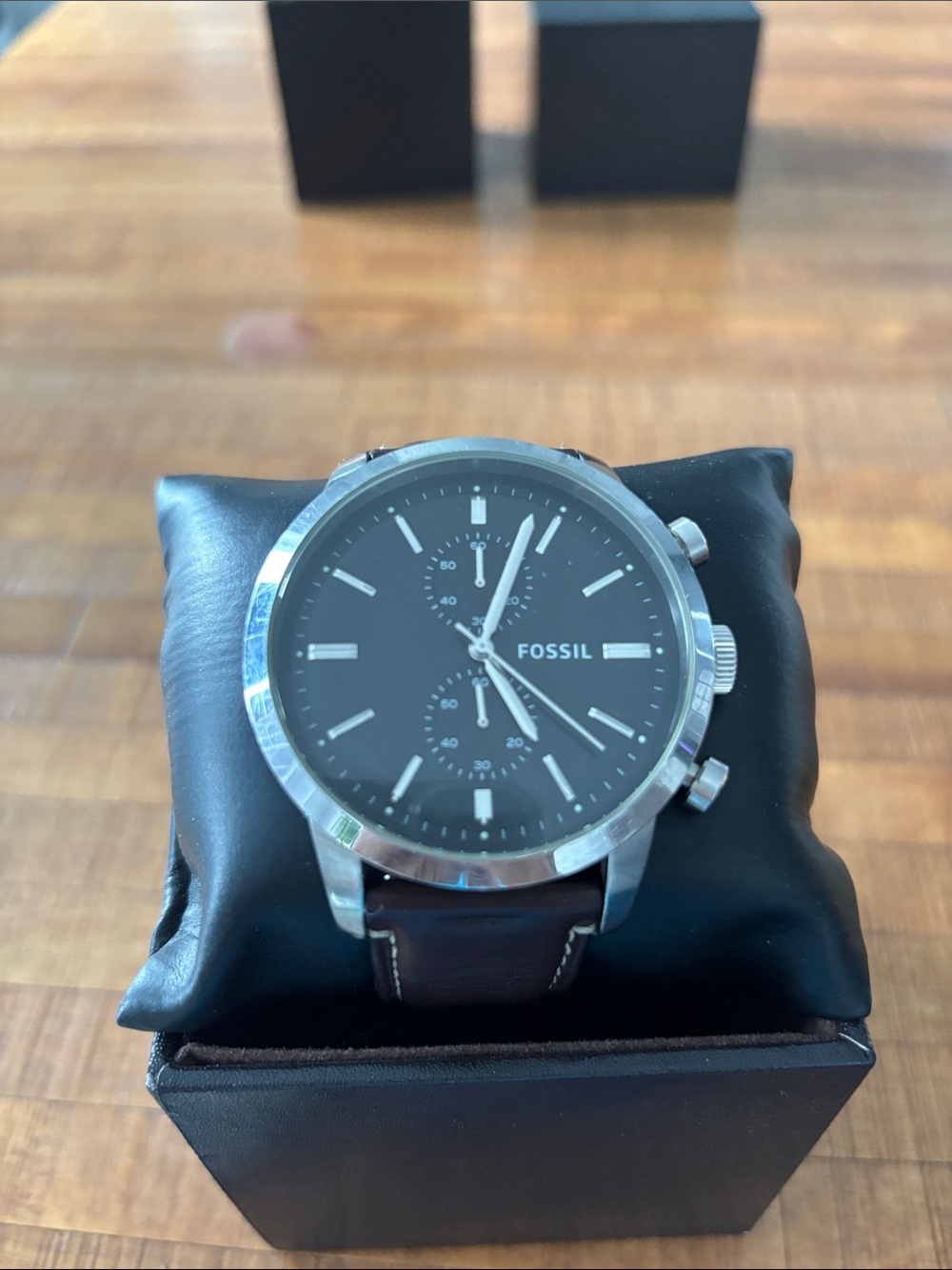 Fossil Black Dial Watch with Brown Leather Strap